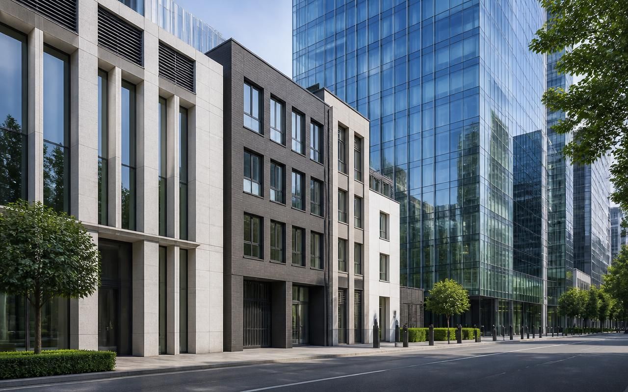Business district with office headquarters and small company premises