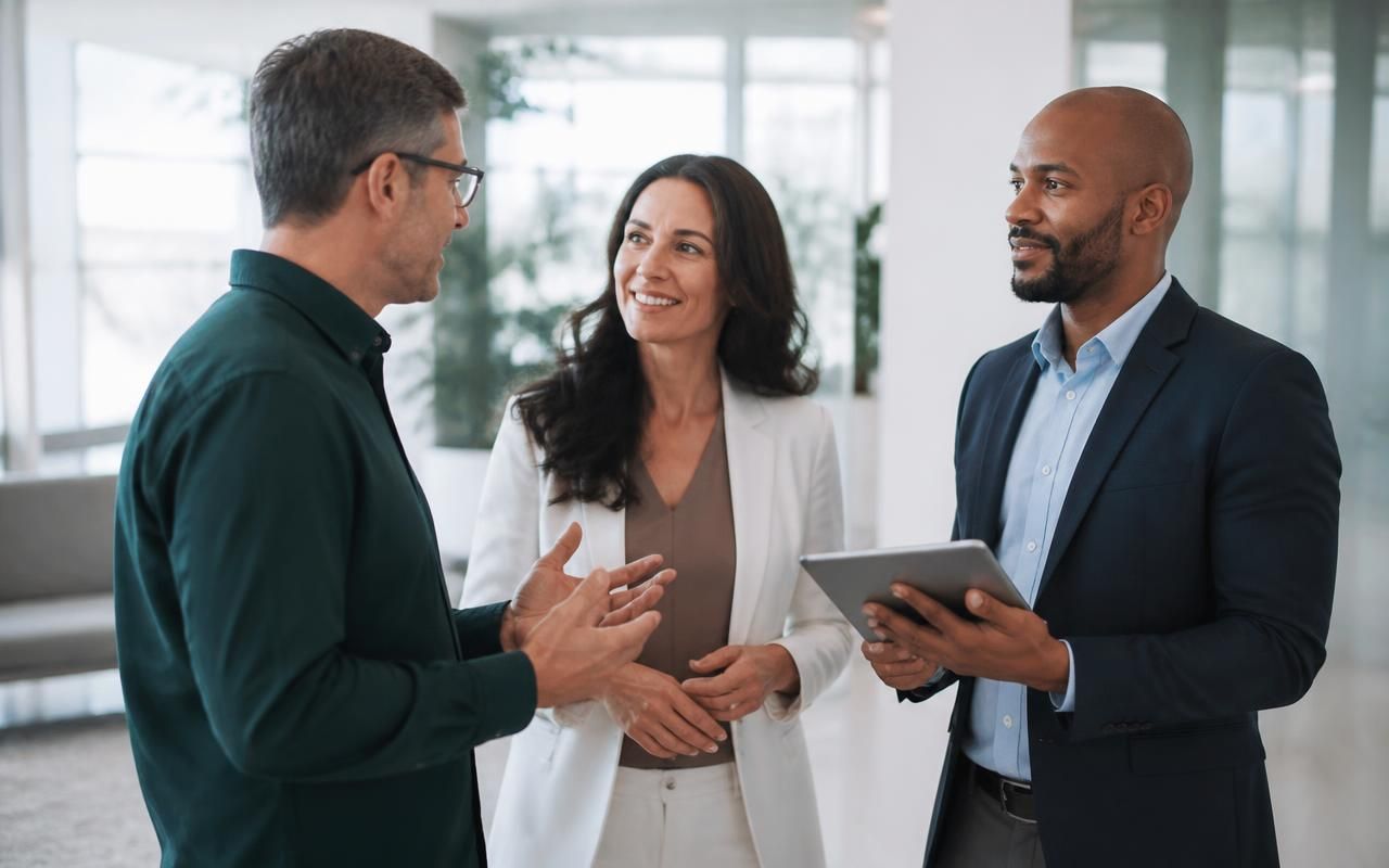 Business decision makers talking in a modern office lobby