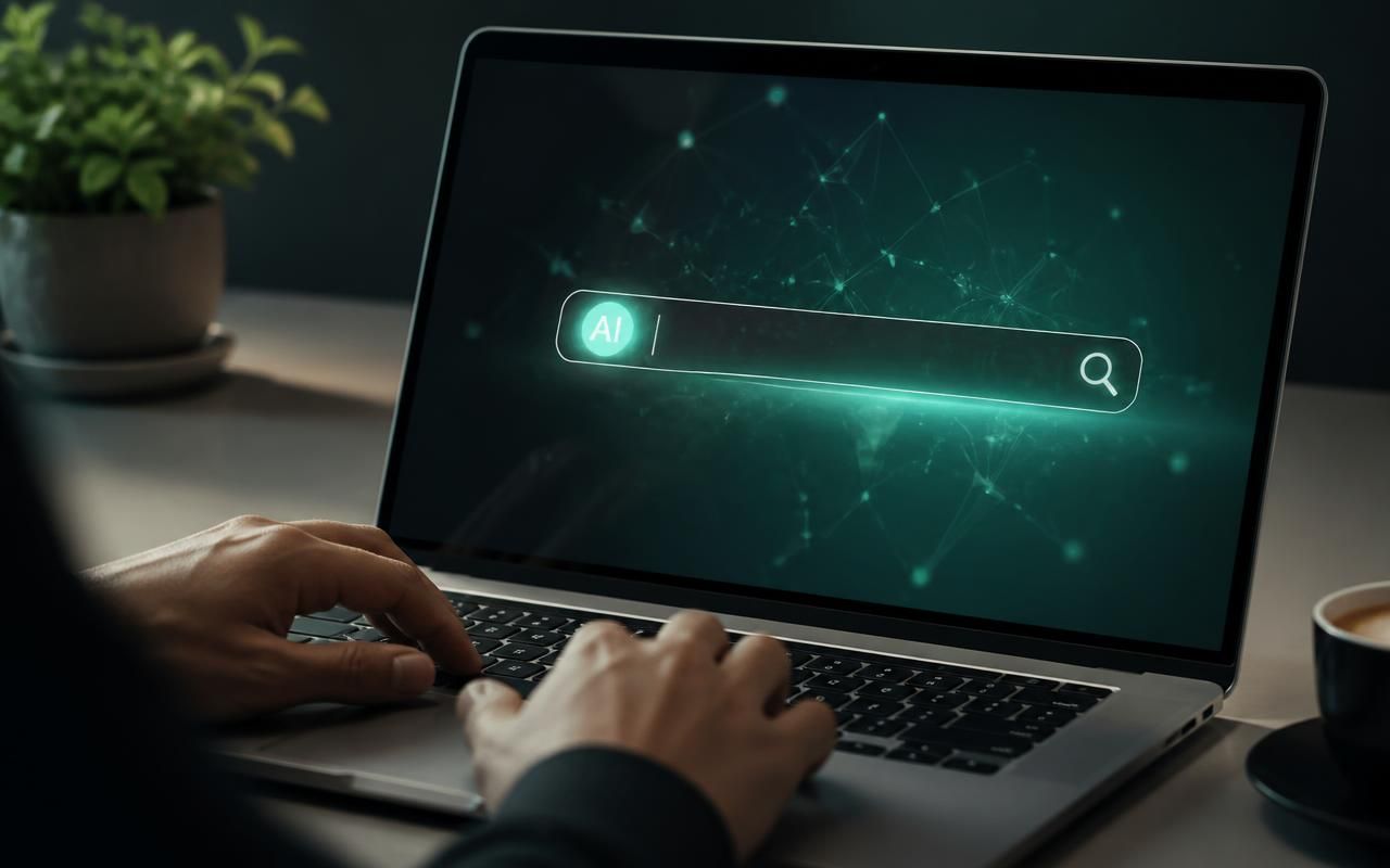 Laptop showing an AI-powered prospecting search interface