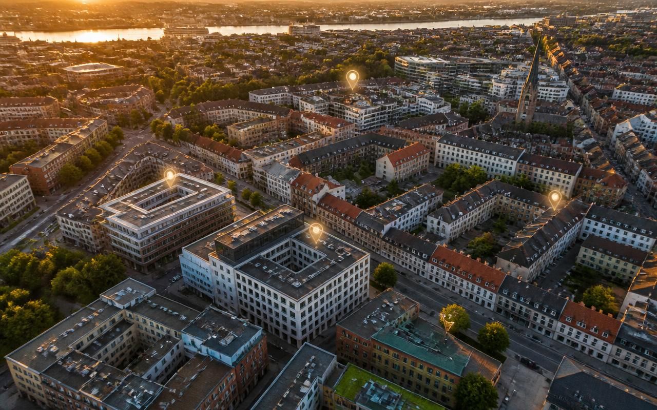 Aerial view of a city neighbourhood with business location markers