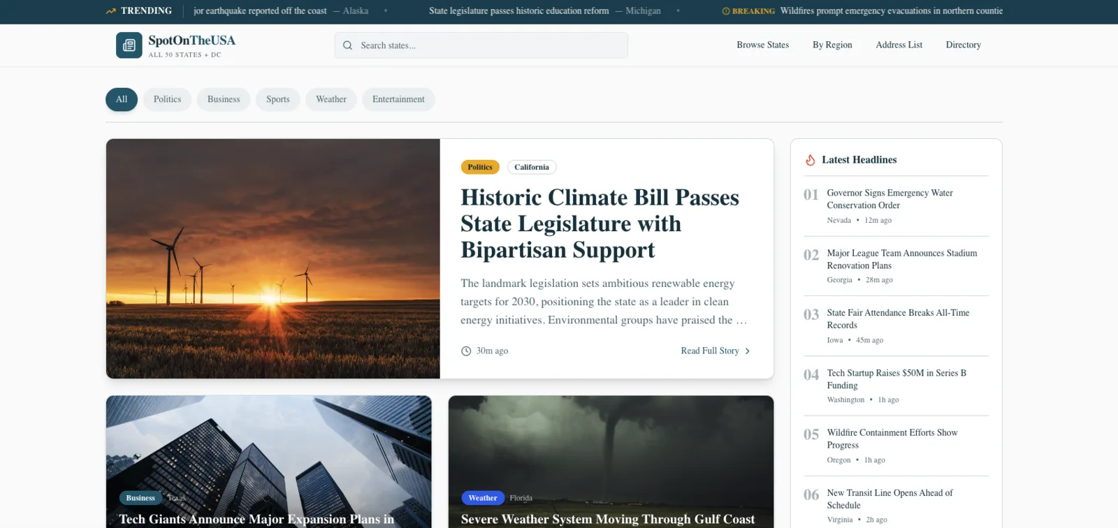 SpotOnTheUSA — News aggregation platform covering all 50 US states