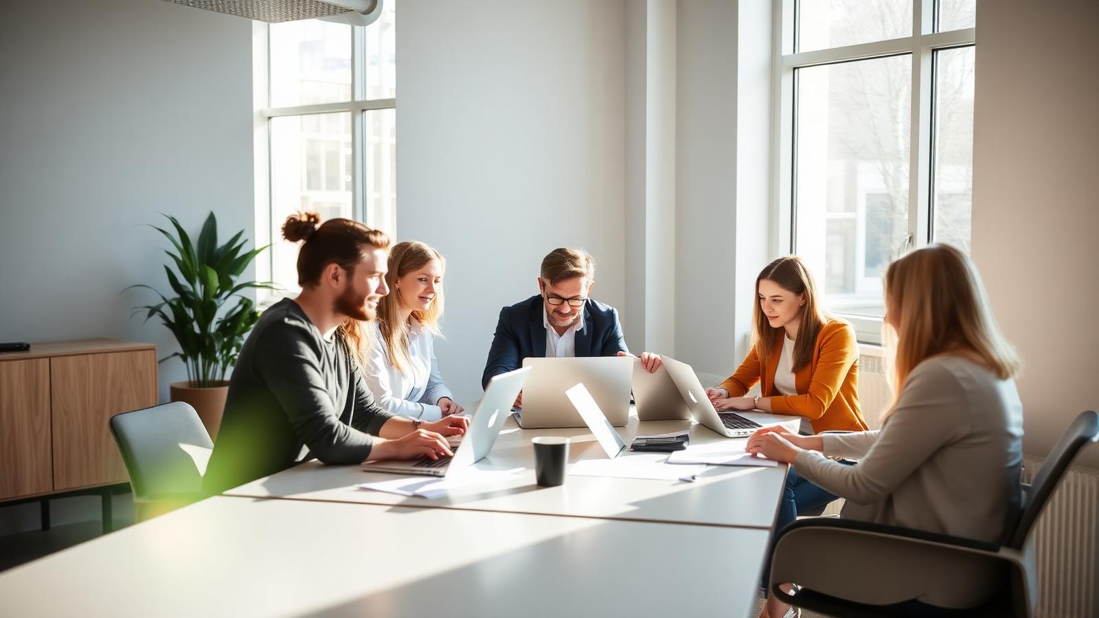 Diverse business team collaborating around a sunlit table